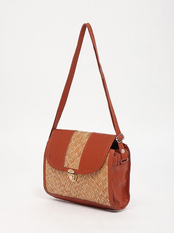 Exotic India Burnt-Brick Bamboo Stripe Shoulder Bag With Dual Zip 