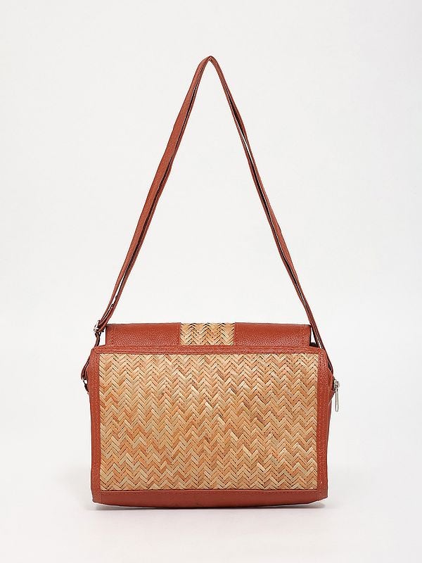 Exotic India Burnt-Brick Bamboo Stripe Shoulder Bag With Dual Zip 