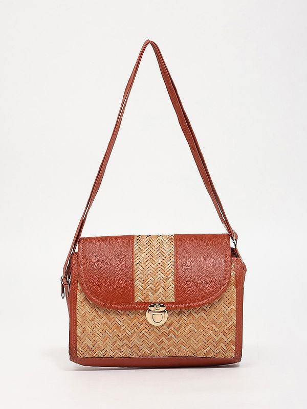 exotic india Burnt-Brick Bamboo Stripe Shoulder Bag with Dual Zip 