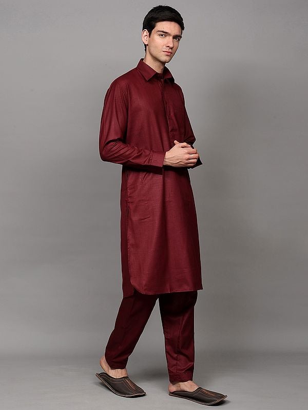 Exotic India Burnt-Maroon Pathani Style Kurta Pajama Set With Front Pocket 