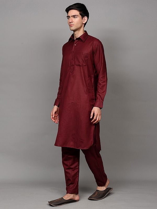 Exotic India Burnt-Maroon Pathani Style Kurta Pajama Set With Front Pocket 