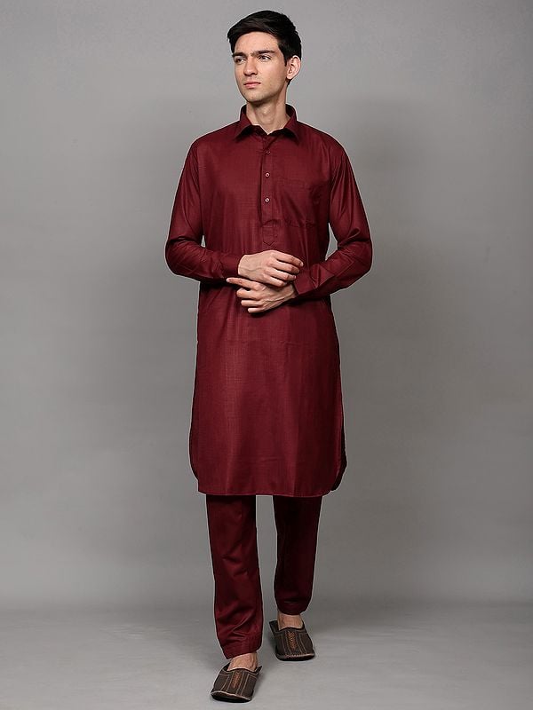 Exotic India Burnt-Maroon Pathani Style Kurta Pajama Set With Front Pocket 