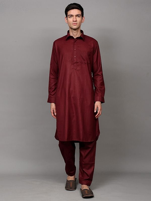 exotic india Burnt-Maroon Pathani Style Kurta Pajama Set with Front Pocket 