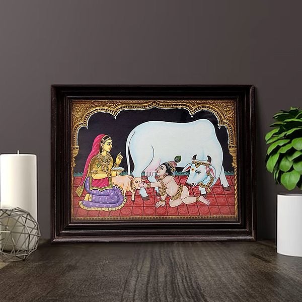 Exotic India Butter Krishna And Yashoda With Cow Tanjore Painting | Traditional Colors With 24K Gold | Teakwood Frame | Gold & Wood | Handmade | Made In India
