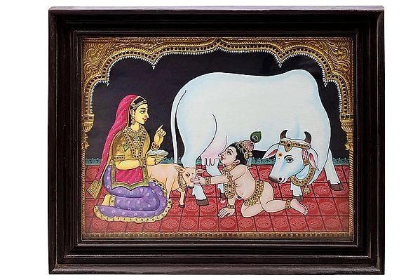 exotic india Butter Krishna and Yashoda With Cow Tanjore Painting | Traditional Colors With 24K Gold | Teakwood Frame | Gold & Wood | Handmade | Made In India