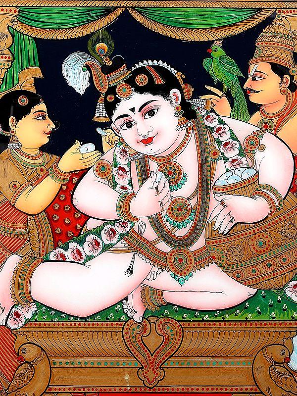 Exotic India Butter Krishna Glass Painting With Wooden Frame 