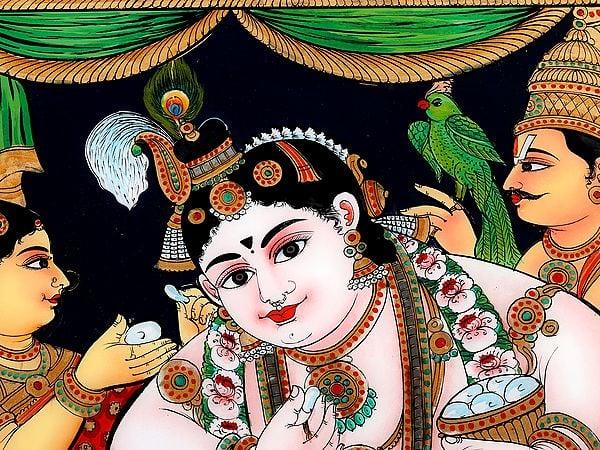 Exotic India Butter Krishna Glass Painting With Wooden Frame 