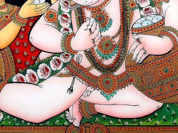 Exotic India Butter Krishna Glass Painting With Wooden Frame 