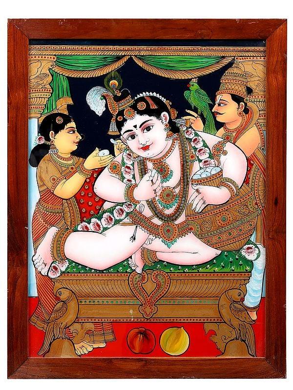 exotic india Butter Krishna Glass Painting with Wooden Frame 