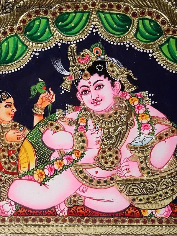 Exotic India Butter Krishna Tanjore Painting | Traditional Colors With Gold | Teakwood Frame | Handmade | Made In India