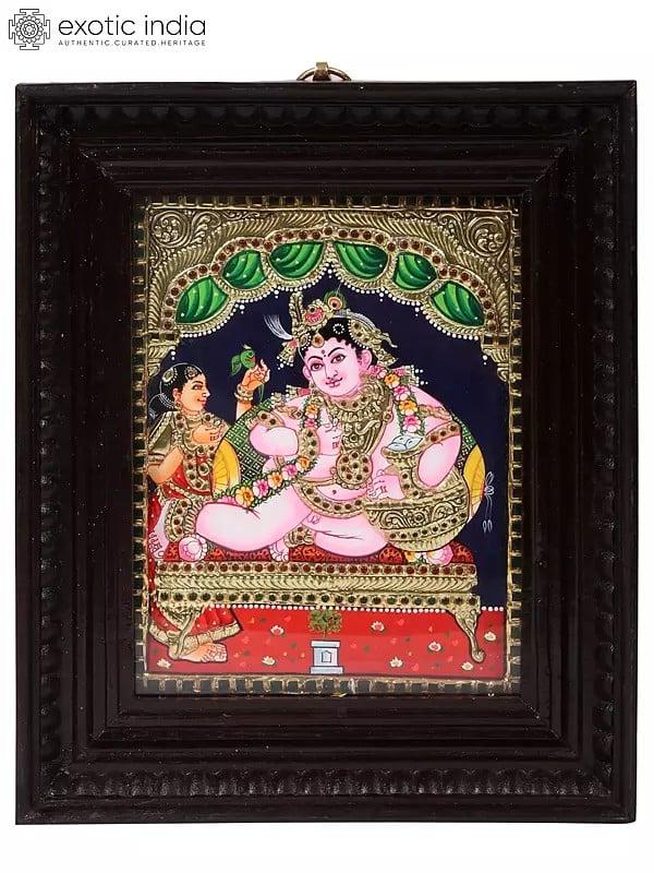exotic india Butter Krishna Tanjore Painting | Traditional Colors with Gold | Teakwood Frame | Handmade | Made in India 