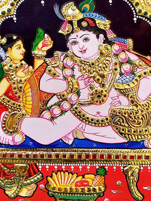 Exotic India Butter Krishna Tanjore Painting | Traditional Colors With Gold Work