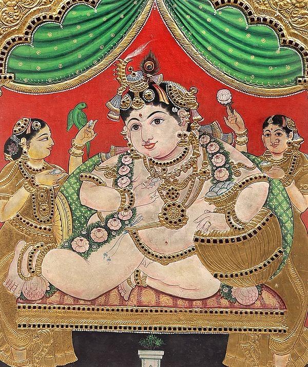 Exotic India Butter Krishna Tanjore Painting | Traditional Colors With 24K Gold | Teakwood Frame | Gold & Wood | Handmade | Made In India