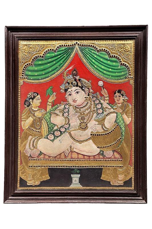 exotic india Butter Krishna Tanjore Painting | Traditional Colors With 24K Gold | Teakwood Frame | Gold & Wood | Handmade | Made In India