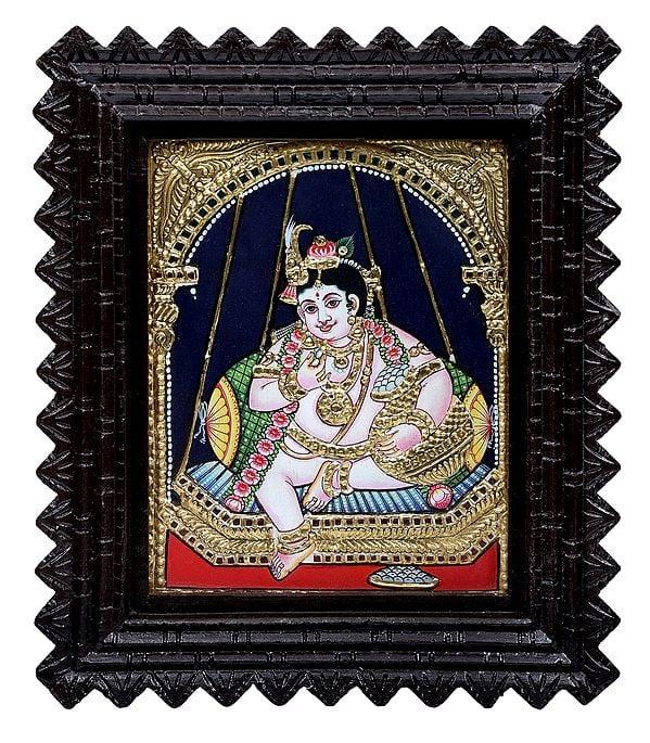 exotic india Butter Krishna Tanjore Painting | Traditional Colors With 24K Gold | Teakwood Frame | Gold & Wood | Handmade | Made In India 