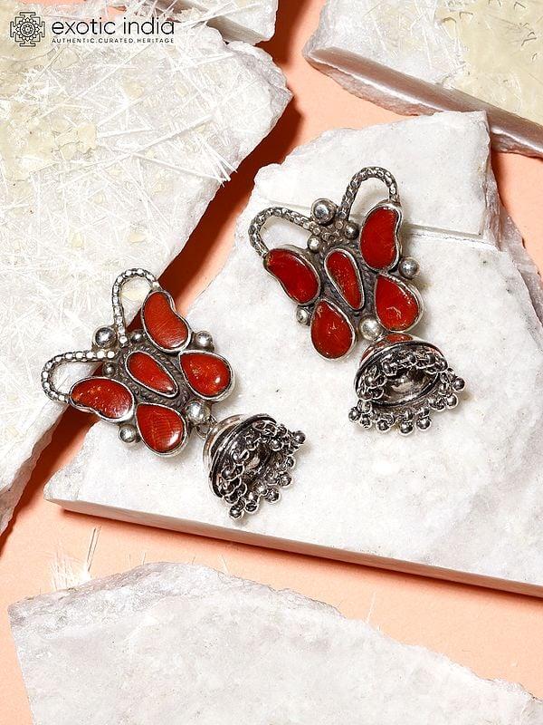 Exotic India Butterfly Design Sterling Silver Jhumki Earrings With Coral 