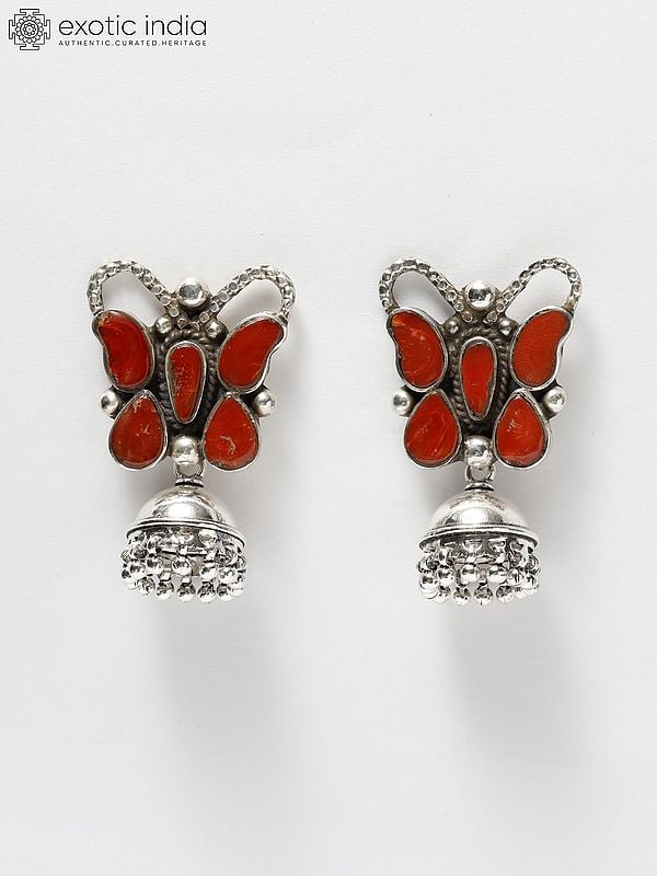 exotic india Butterfly Design Sterling Silver Jhumki Earrings with Coral