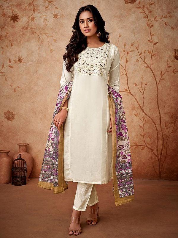 Exotic India Buttery-White Viscose Chanderi Embroidered Work Attractive Kurta Set With Matching Dupatta 