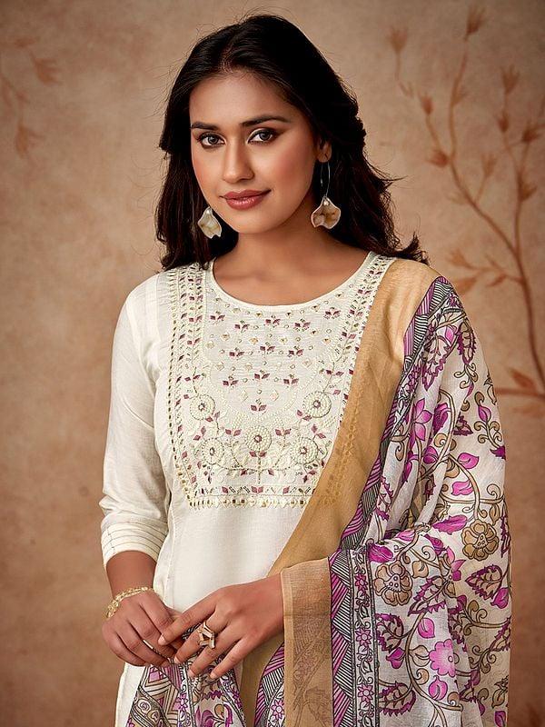 Exotic India Buttery-White Viscose Chanderi Embroidered Work Attractive Kurta Set With Matching Dupatta 