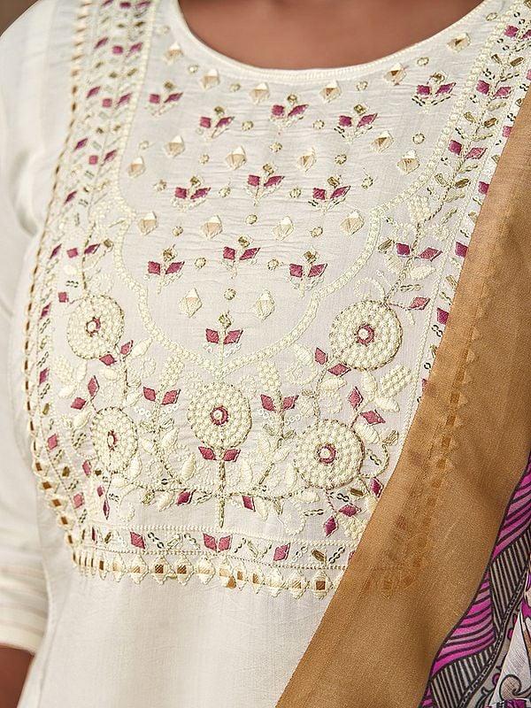 Exotic India Buttery-White Viscose Chanderi Embroidered Work Attractive Kurta Set With Matching Dupatta 