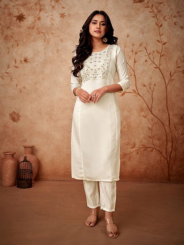 exotic india Buttery-White Viscose Chanderi Embroidered Work Attractive Kurta Set With Matching Dupatta
