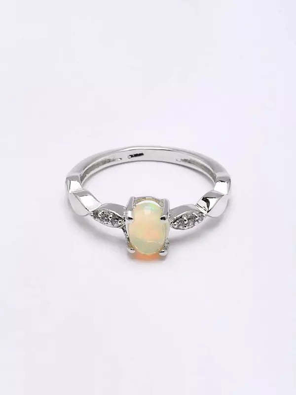 Exotic India Cabochon Ethiopian Opal Ring With Cubic Zirconia 
