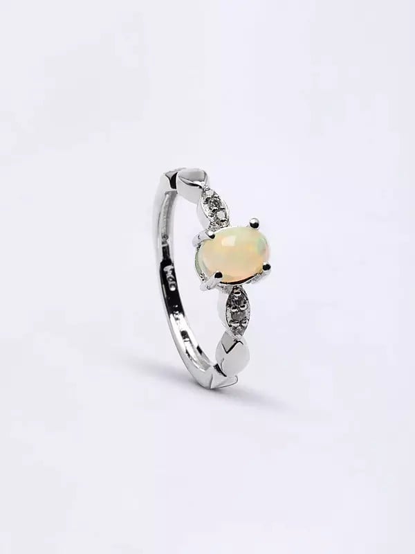 Exotic India Cabochon Ethiopian Opal Ring With Cubic Zirconia 