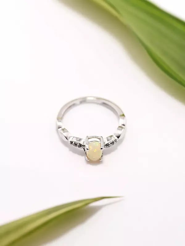 Exotic India Cabochon Ethiopian Opal Ring With Cubic Zirconia 