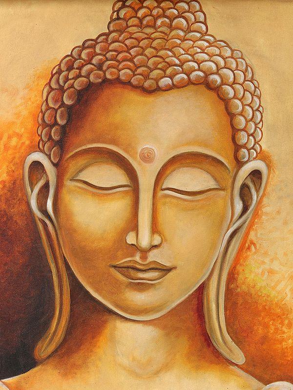 Exotic India Calm Buddha Oil Painting With Carved Floral Frame 