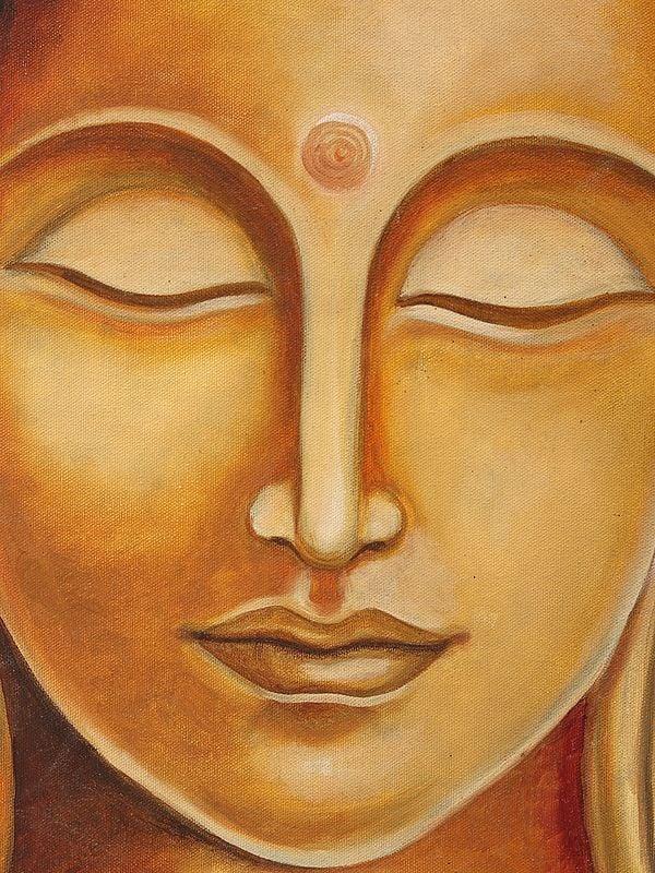 Exotic India Calm Buddha Oil Painting With Carved Floral Frame 