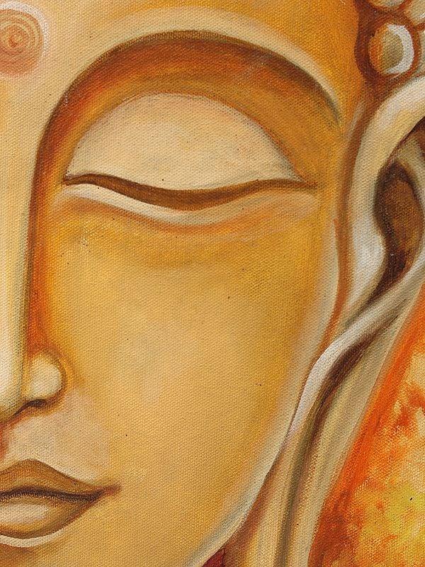 Exotic India Calm Buddha Oil Painting With Carved Floral Frame 