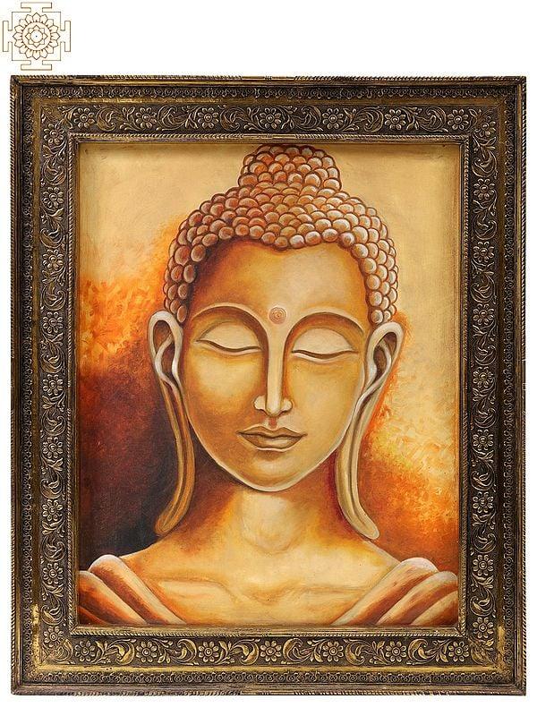 exotic india Calm Buddha Oil Painting with Carved Floral Frame 
