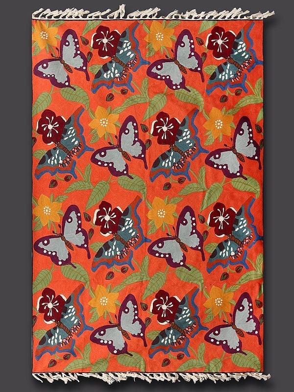 Exotic India Camellia Kashmiri Carpet With Chainstitched Butterflies 