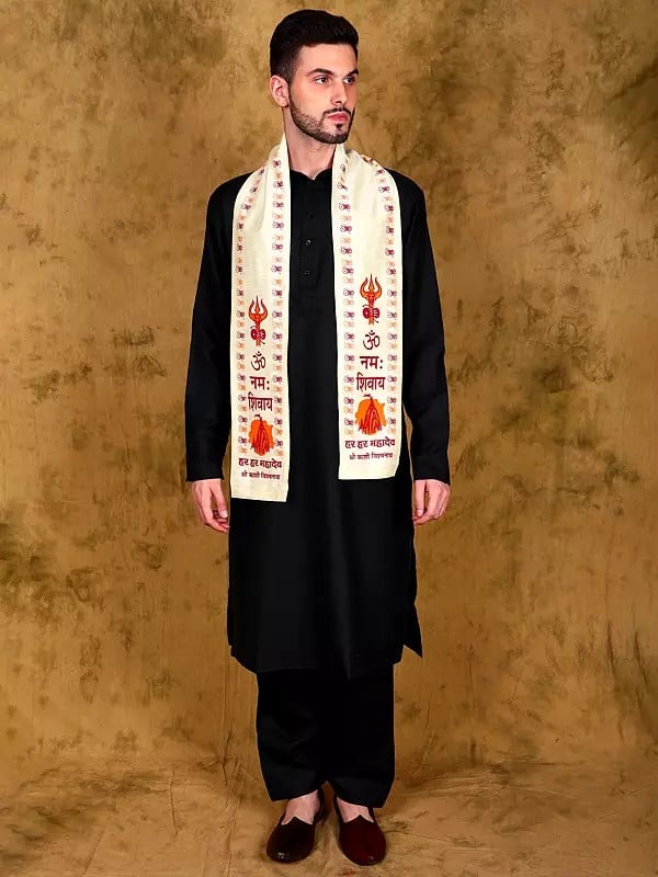 exotic india Cannoli-Cream Hindu Prayer Scarf with Printed Om Namah Shivay Mantra and Har Har Mahadev (Unisex) 