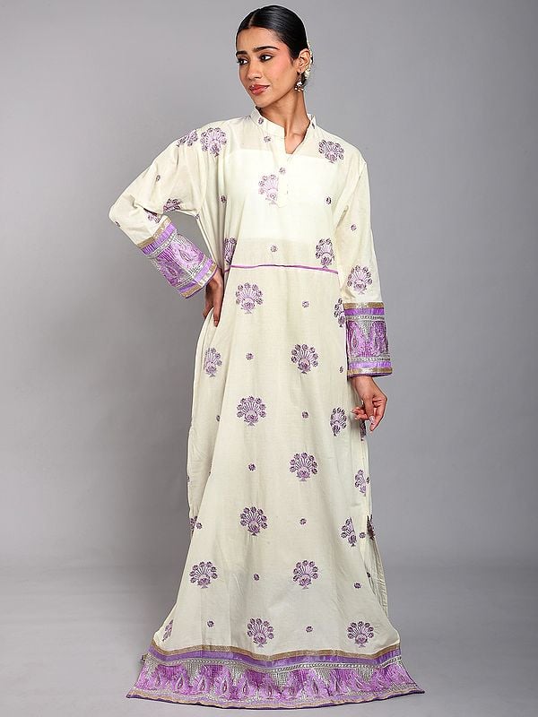 Exotic India Cannoli-Cream Pure Cotton Embroidered Abaya With Bead Work And Patch Border 
