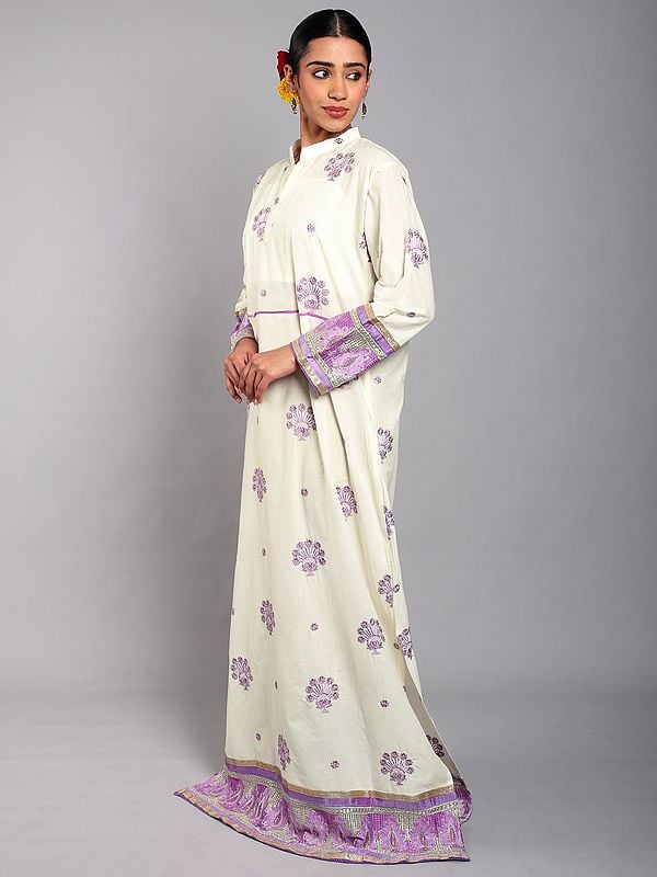 Exotic India Cannoli-Cream Pure Cotton Embroidered Abaya With Bead Work And Patch Border 