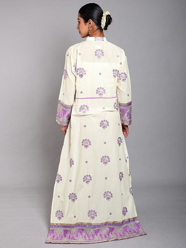 Exotic India Cannoli-Cream Pure Cotton Embroidered Abaya With Bead Work And Patch Border 