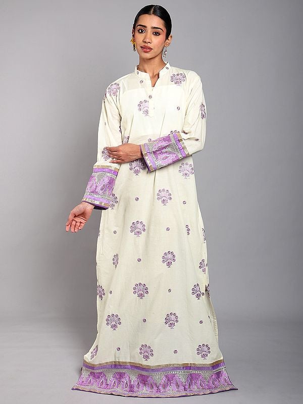 exotic india Cannoli-Cream Pure Cotton Embroidered Abaya with Bead work and Patch Border 