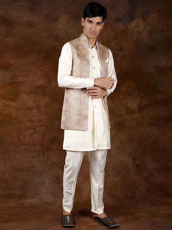 Exotic India Cannoli-Cream Three Piece Kurta Pajama Set With Embroidered Front Open Jacket 