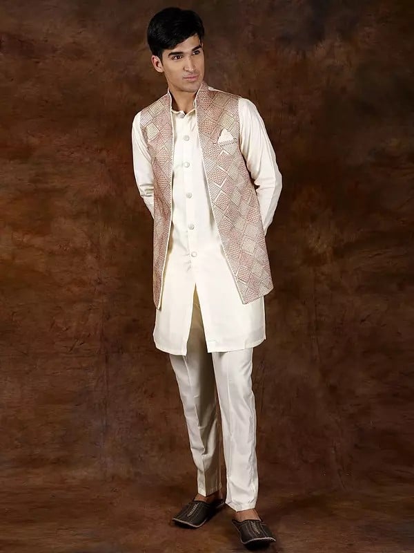 Exotic India Cannoli-Cream Three Piece Kurta Pajama Set With Embroidered Front Open Jacket 
