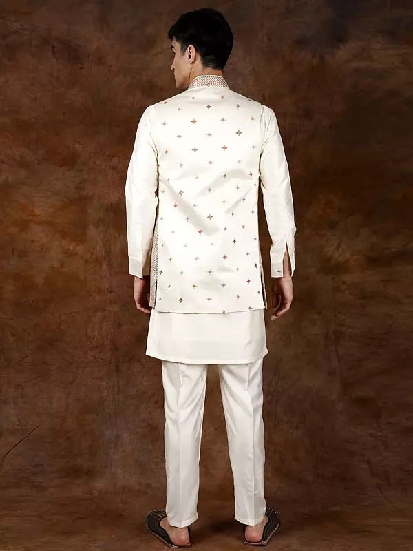 Exotic India Cannoli-Cream Three Piece Kurta Pajama Set With Embroidered Front Open Jacket 