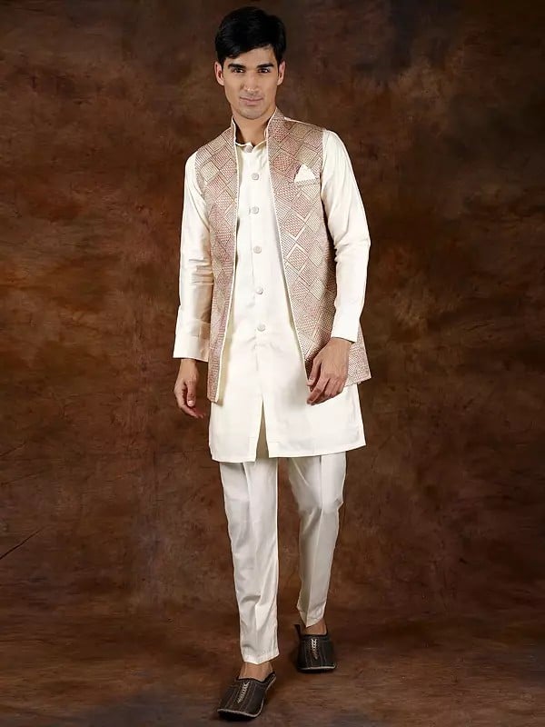 exotic india Cannoli-Cream Three Piece Kurta Pajama Set with Embroidered Front Open Jacket 