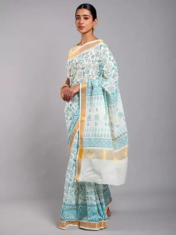 Exotic India Cannoli-Cream Warli Folk Art Motifs Cotton Saree With Golden Border From Telangana 