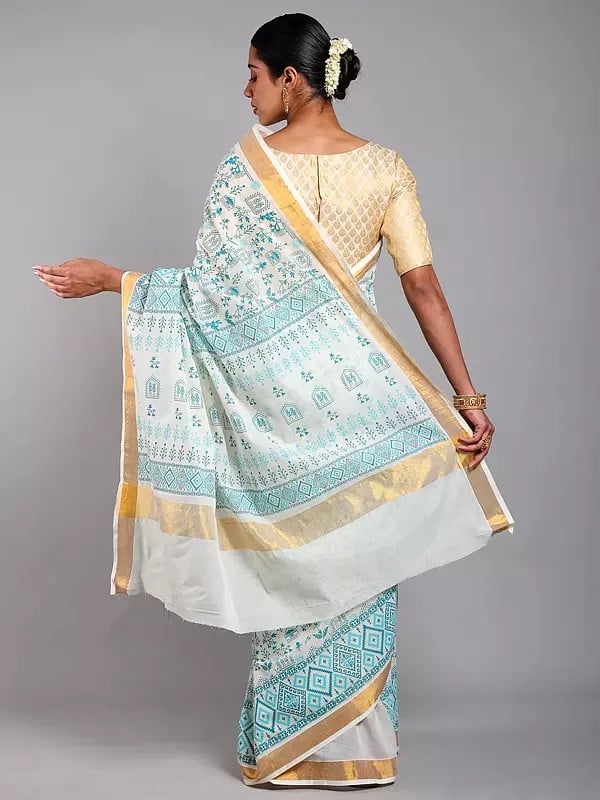 Exotic India Cannoli-Cream Warli Folk Art Motifs Cotton Saree With Golden Border From Telangana 