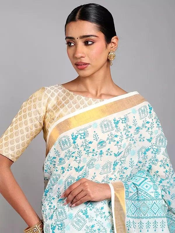 Exotic India Cannoli-Cream Warli Folk Art Motifs Cotton Saree With Golden Border From Telangana 
