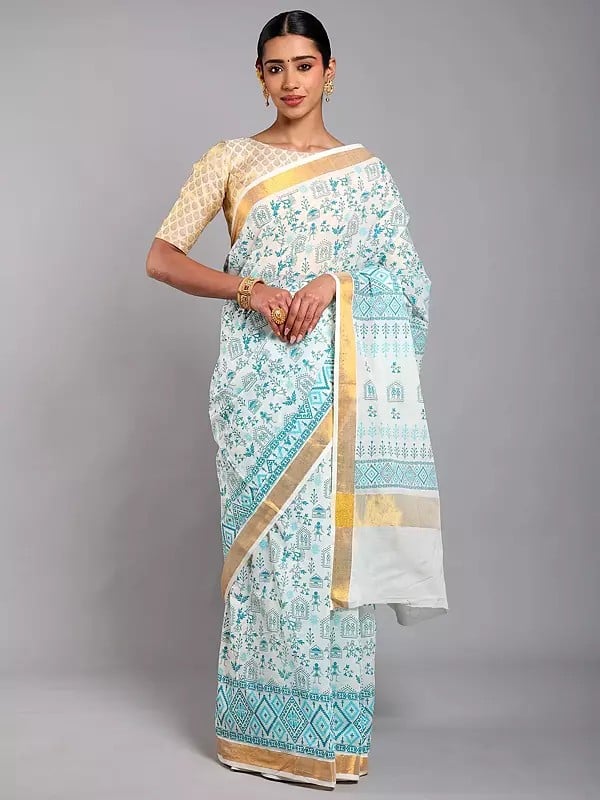 exotic india Cannoli-Cream Warli Folk Art Motifs Cotton Saree with Golden Border from Telangana 