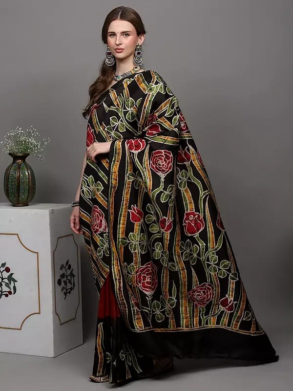 Exotic India Caramel And Black Handloom Batik Saree From Madhya Pradesh With Printed Roses 