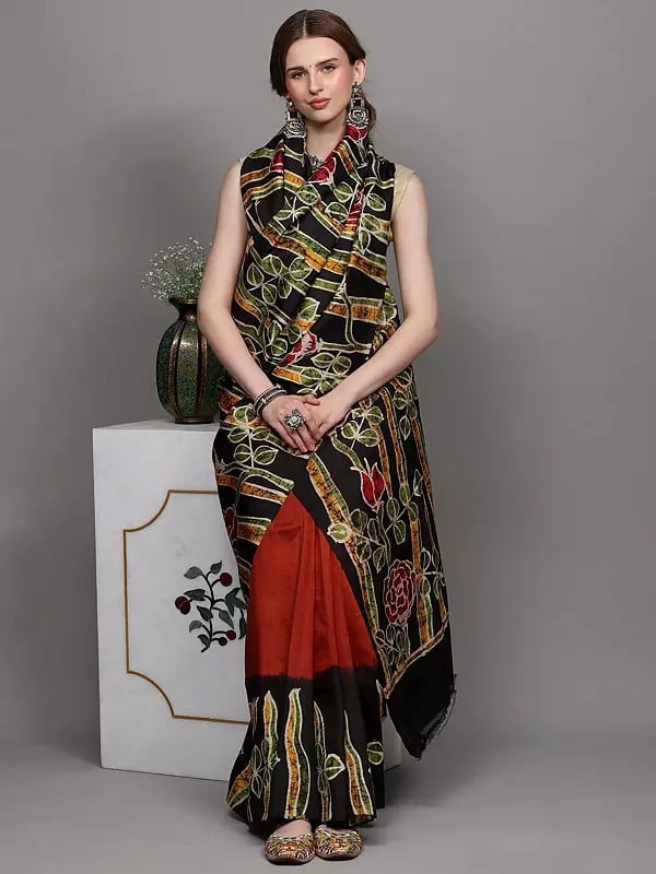 Exotic India Caramel And Black Handloom Batik Saree From Madhya Pradesh With Printed Roses 