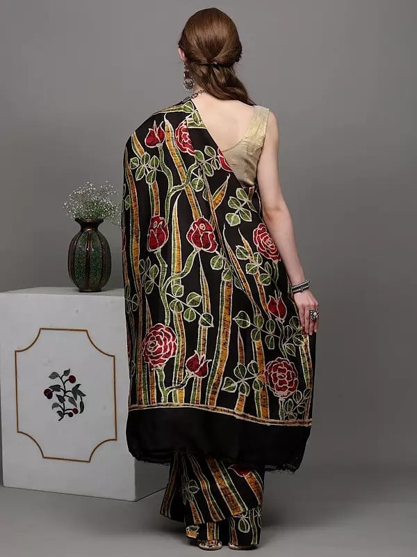 Exotic India Caramel And Black Handloom Batik Saree From Madhya Pradesh With Printed Roses 