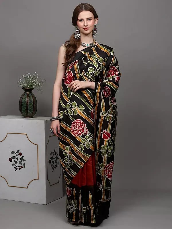 exotic india Caramel and Black Handloom Batik Saree from Madhya Pradesh with Printed Roses 